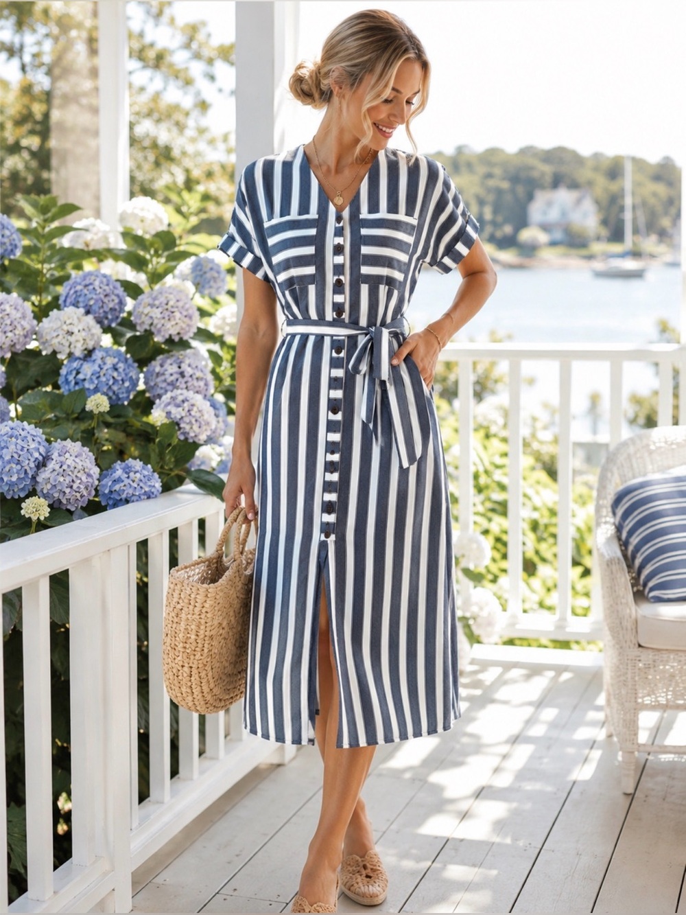 Monteau Blue White Striped Belted Midi Dress Nautical Coastal Preppy Small